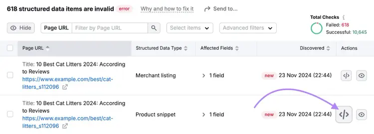 Semrush Site Audit showing 618 invalid structured data items with page URLs, types (Merchant listing, Product snippet), and dates