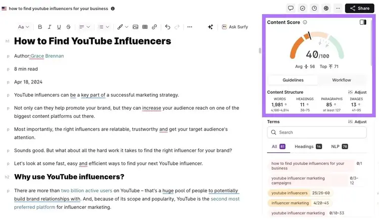 Content Score on SurferSEO showing an overall score along with insights on paragraphs, images, keyword coverage on headings and body, etc.