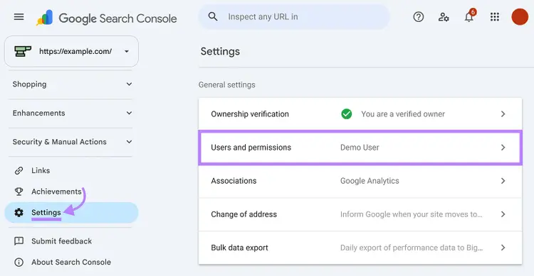 Google Search Console Settings with Users and permissions highlighted