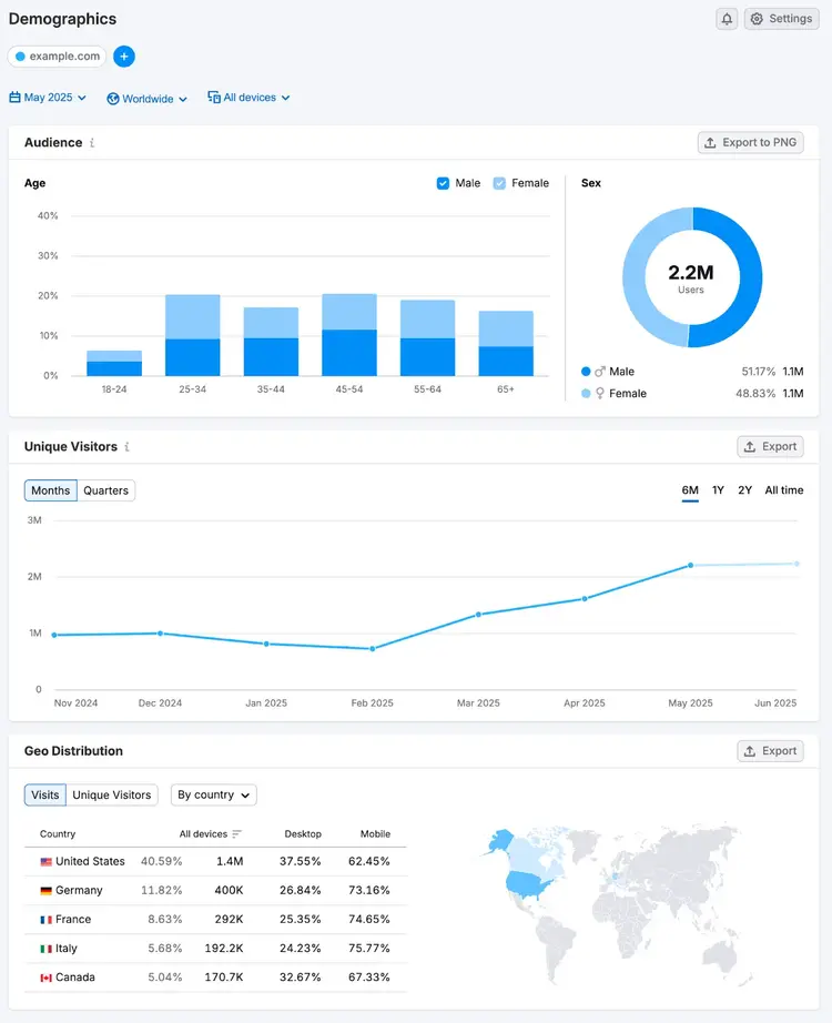 Demographics dashboard shows audience age and gender breakdown, unique visitors over time to the domain, and geographic distribution of visitors.
