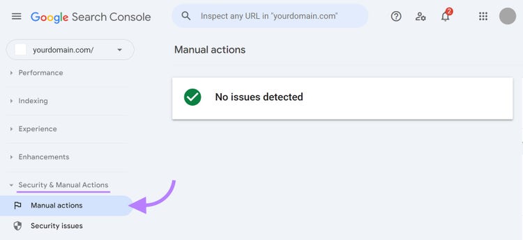 "Manual actions" tab of the Google Search Console tool.