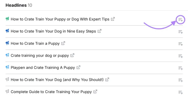 List of blog headline variations for a puppy training topic with arrow pointing to add to favorites button.