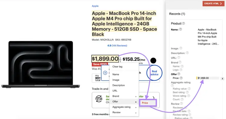 Google Structured Data Markup Helper showing price selection and mapping to Price tag with value $1,899.00 highlighted