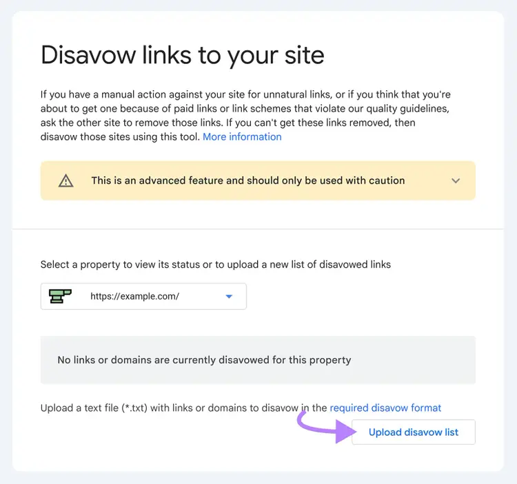 Google Disavow Links tool with the Upload disavow list button highlighted for an example property