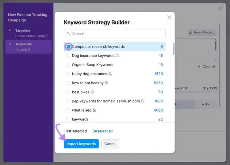 Keyword Strategy Builder popup with a list selected and arrow pointing to "Import keywords" button