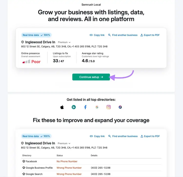 Listing Management tool showing the online presence, average star rating, listings to fix, and directory-wise performance for a business.