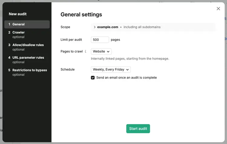 General settings on Site Audit with the crawl scope and schedule selected.