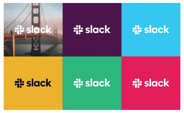 Slack logo shown in various brand color palettes, including purple, blue, green, yellow, and red backgrounds.