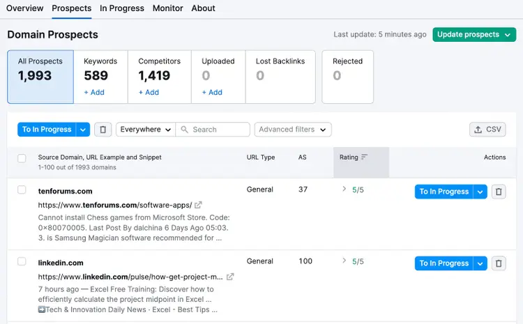 "Prospects" tab in Link Building tool