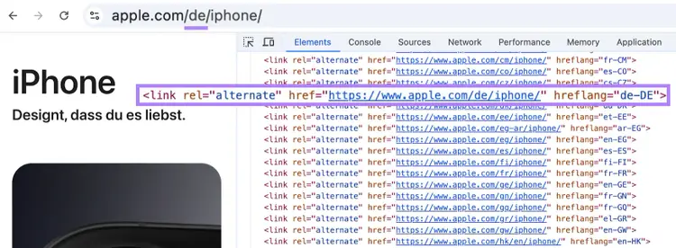 Hreflang tag is shown in the code with list of other hreflang tags for that page.