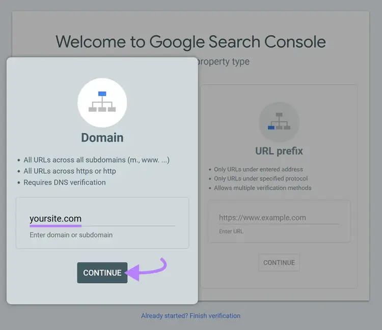 Google Search Console Domain property setup with yoursite.com entered and the Continue button highlighted