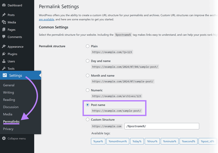 Arrow from Settings to Permalinks in WordPress admin navigation with "Post name" structure option highlighted