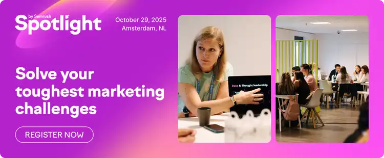 Promotional banner for The Spotlight marketing event on October 29, 2025 in Amsterdam with networking scenes.