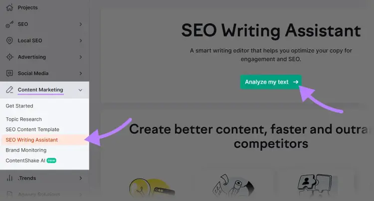 Navigating to SEO Writing Assistant tool in Semrush