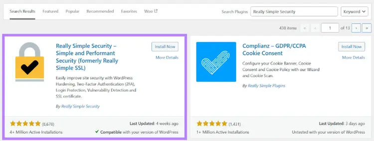 WordPress plugin search showing Really Simple Security with 5-star rating, 4M+ installations, and Install Now button highlighted