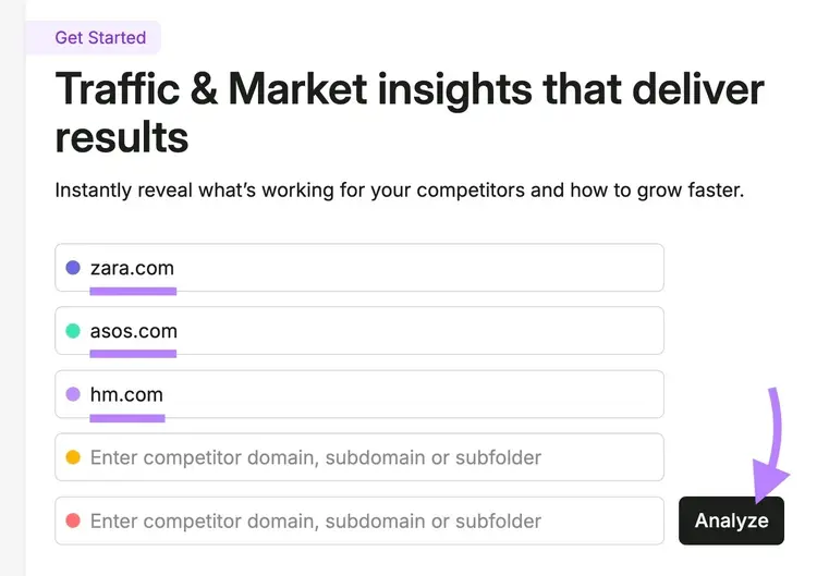 Traffic & Market toolkit with three competing domains entered and "Analyze" clicked.