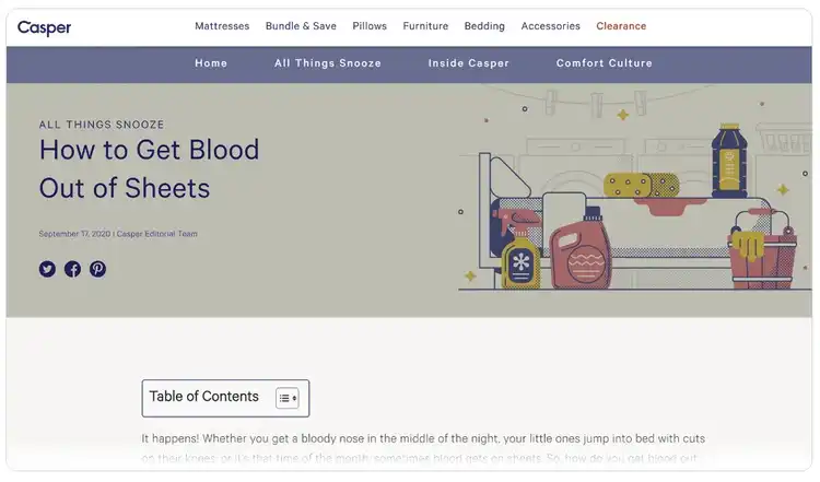 Casper blog post header for 'How to Get Blood Out of Sheets' with hero illustration and content menu