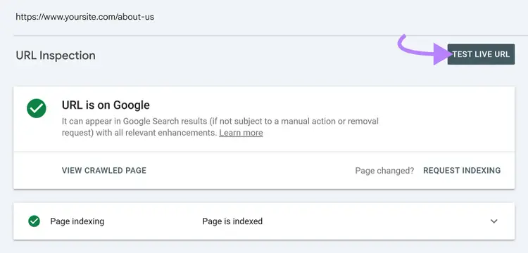 Google Search Console URL Inspection showing an indexed URL with the Test Live URL button highlighted