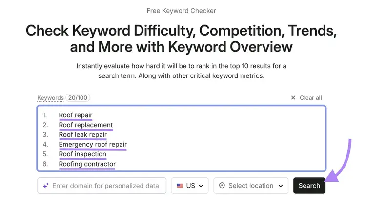 Keyword Overview with a list of keywords entered and "Search" clicked.