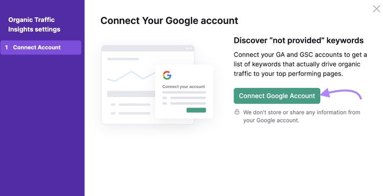 Organic traffic insights settings prompting you to connect your Google account to discover your top performing pages.