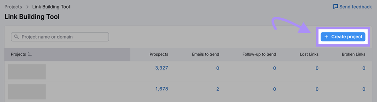 "+ Create project" button in Link Building Tool