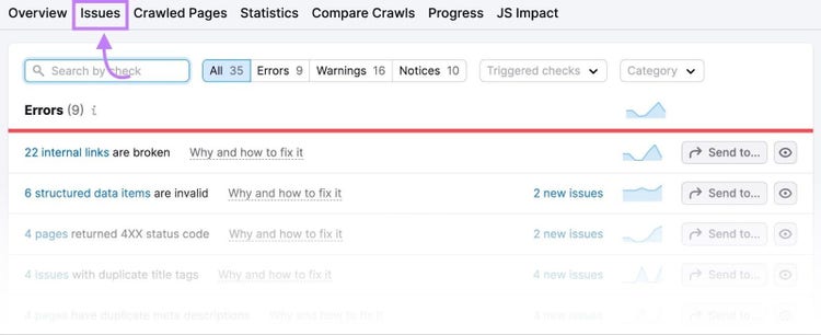 “Issues” tab of Site Audit