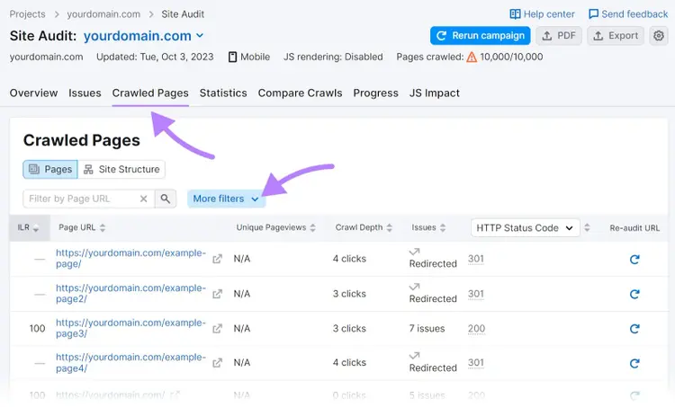 “Crawled Pages” tab in Site Audit