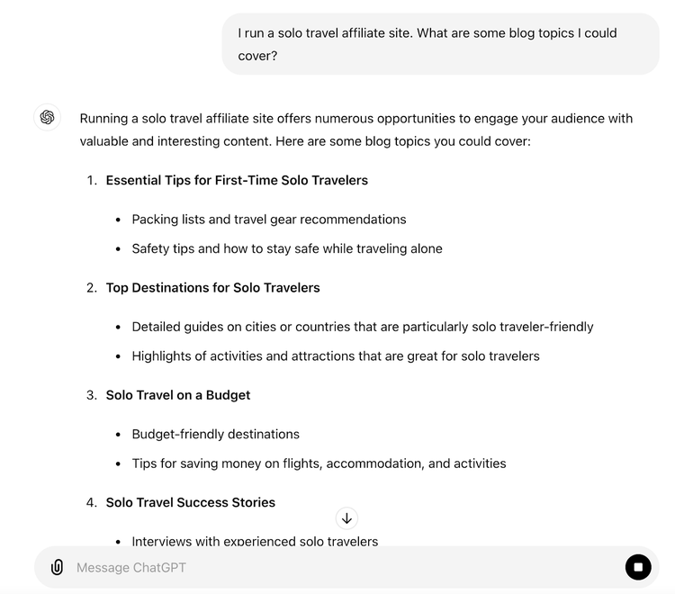 ChatGPT chat screen with prompt: "I run a solo travel affiliate site. What are some blog topics I could cover?" alongside answer generated by AI