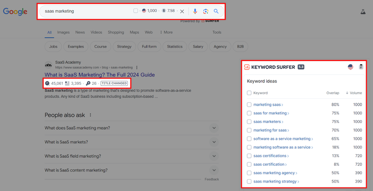 Google search results for saas marketing with Keyword Surfer extension panel