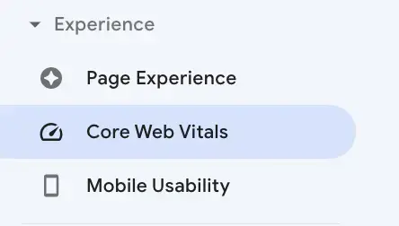 Google Search Console Experience section showing Core Web Vitals options