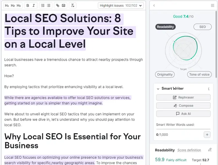 SEO Writing Assistant editor with an article posted on the left and tool's scores section on the right
