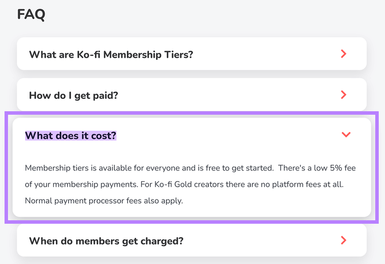 FAQ section on Ko-fi website with relevant FAQ highlighted