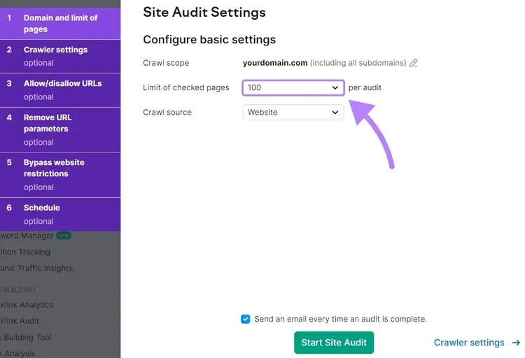 "Site Audit Settings" window