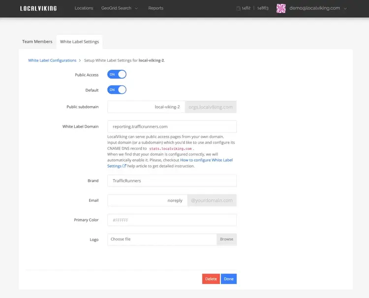 "White Label Settings" window on Local Viking with options to select branding, domain, logo, color, etc.