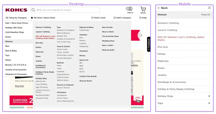 Kohl’s desktop menu (left) and mobile menu (right)