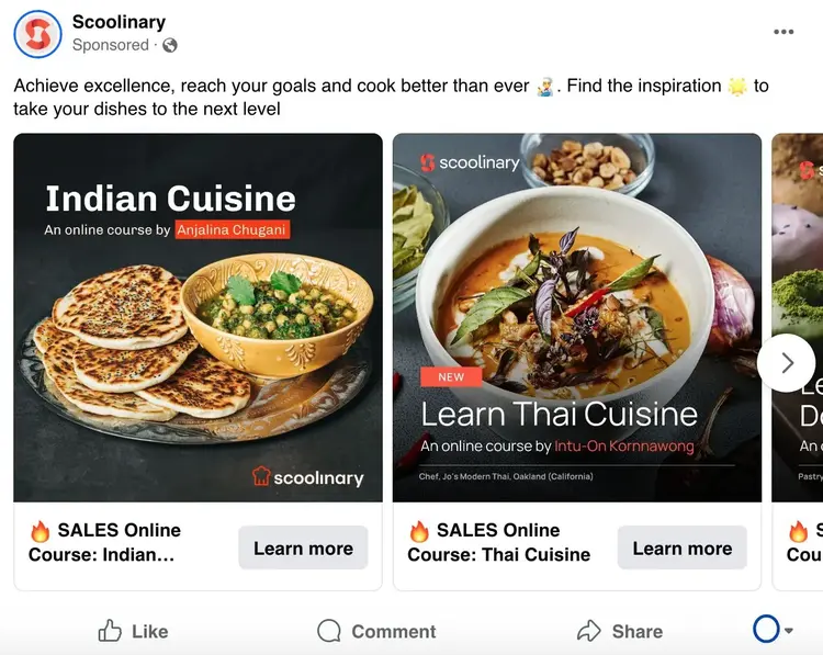 A carousel ad on Facebook from Scoolinary