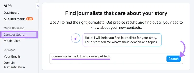 AIPR tool contact search showing a prompt to find US journalists covering pet technology.