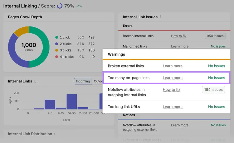 Semrush Site Audit Internal Link Issues report highlighting the “Too many on-page links” warning