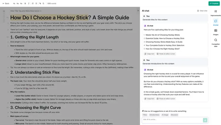 Content editor with AI chat panel suggesting blog titles and introductions.