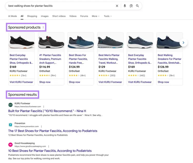 Google SERP for the term “best walking shoes for plantar fasciitis” showing sponsored products and results at the top of the page.