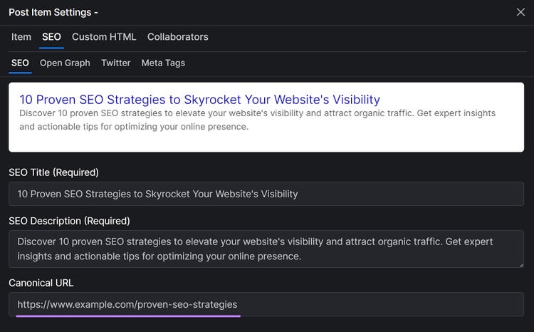“Canonical URL” field in the “SEO” tab of the Versoly content management system.