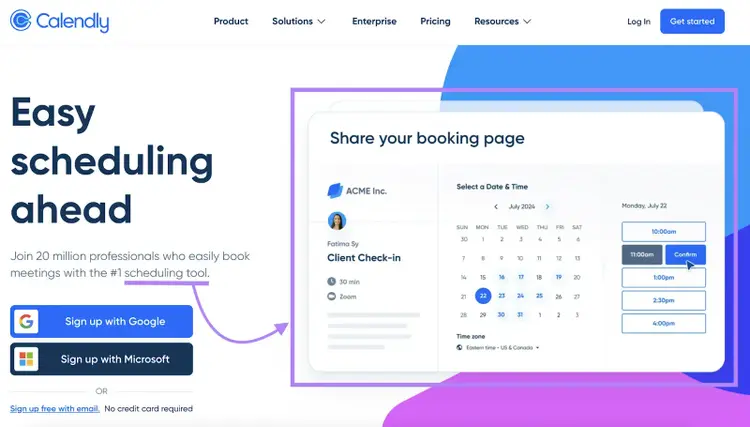 Calendly homepage using a screenshot of its scheduling interface along with the supporting text below the H1 using their primary target keyword.