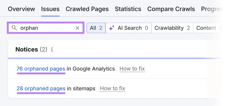 Semrush Site Audit issues filtered for orphaned pages in Google Analytics and sitemaps