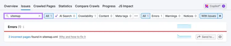 Semrush Site Audit Issues tab search results for 'sitemap' showing 2 incorrect pages error.