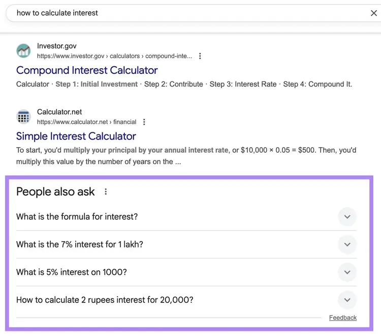 SERP for the term "how to calculate interest" with the People also ask section highlighted.