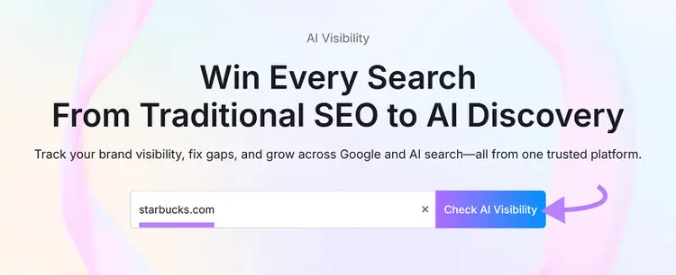 AI Visibility search page with domain input field and highlighted “Check AI Visibility” button