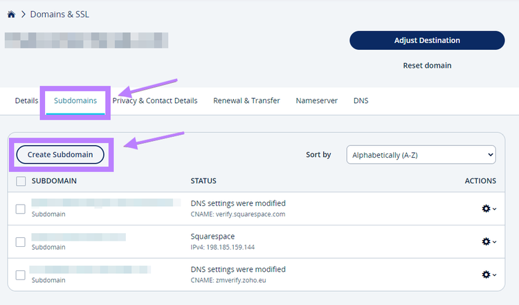 Navigating to “Create Subdomain” button in IONOS