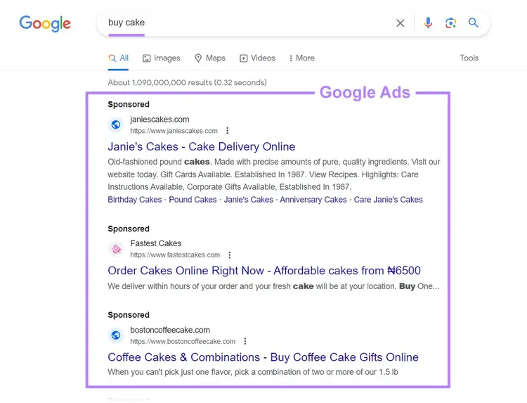 Google Ads for "buy cake" query on SERP