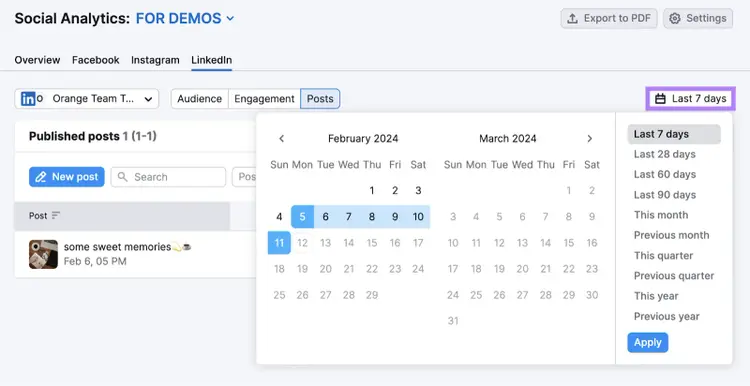 Semrush Social Analytics date range picker with calendar interface
