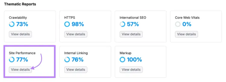 Site Audit's Overview report lets you click into the Site Performance report.